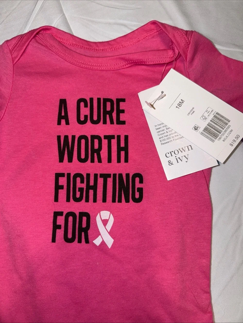 Crown & Ivy Pink Baby One-Piece - 'A Cure Worth Fighting For 18M